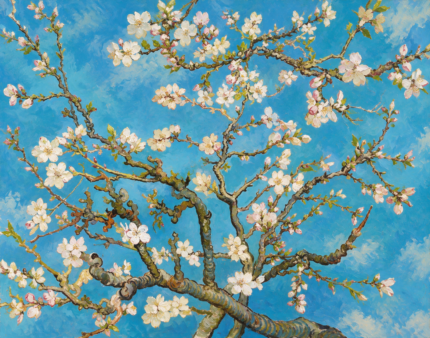 AI-generated reinterpretation of Almond Blossom, with flowering branches against a vivid blue sky